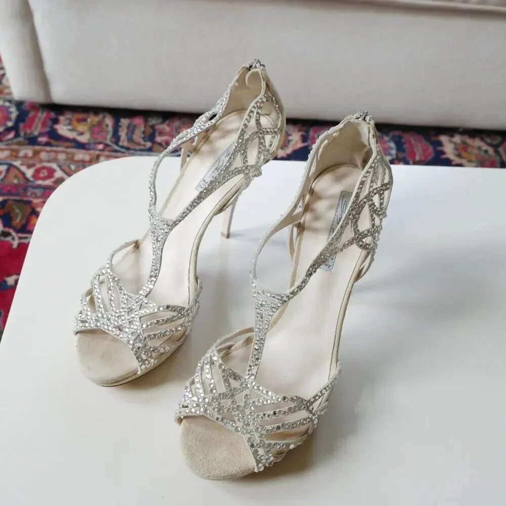 Grey Mer Italy Crystal Heels made in Italy Strappy Sandals suede 8.5 9 - Picture 9 of 11